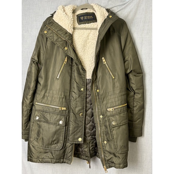 Guess Olive Sherpa Lined Hooded Parka Jacket Gold Zip Detail‎ Size XL - Picture 15 of 16